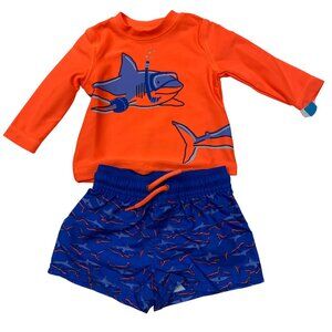 Carters Baby Swim Set Shark Print UPF 50+ Swim Shirt & Shorts Orange/Blue 3M NWT